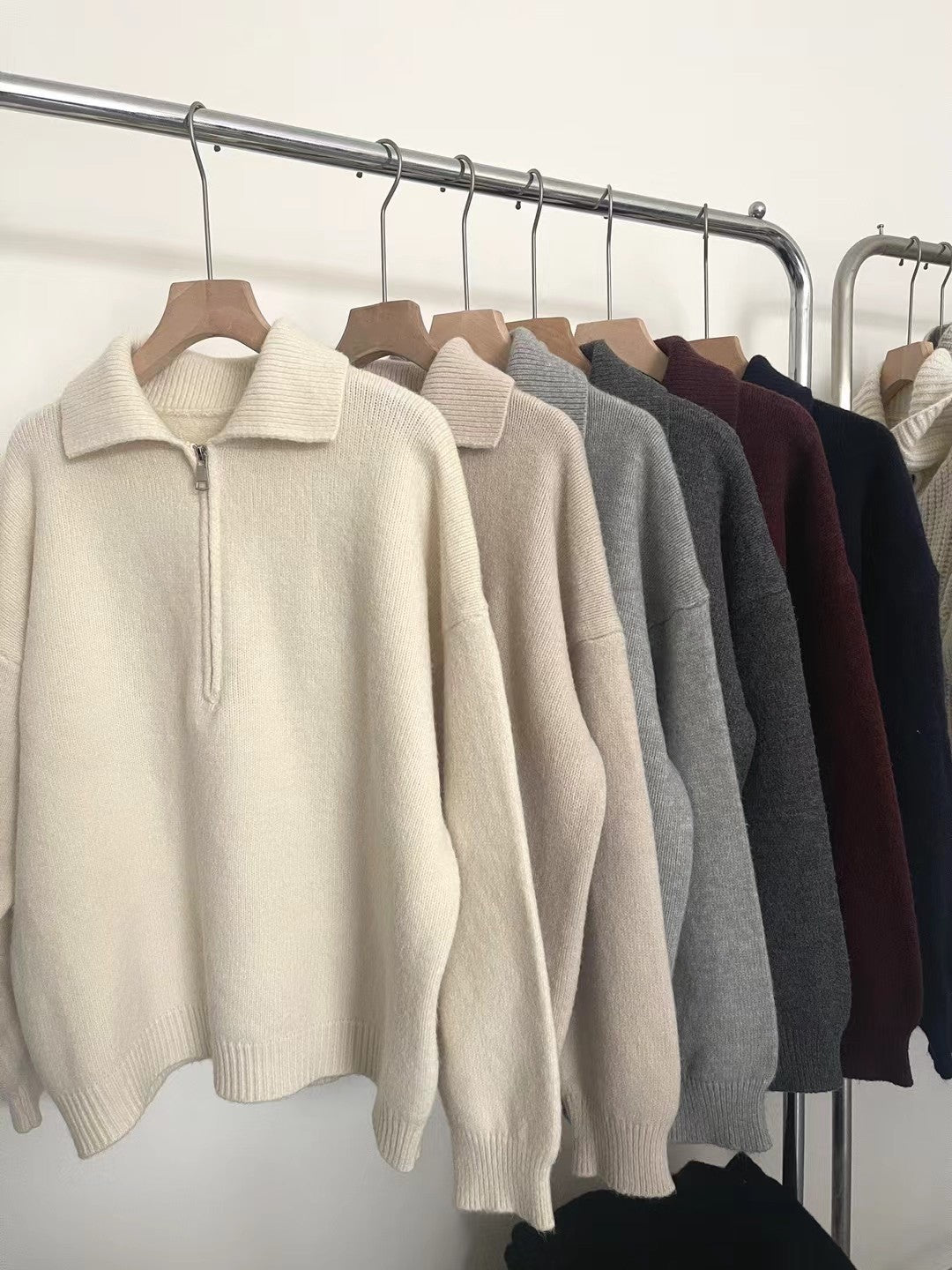 Retro polo collar half zip sweater for women