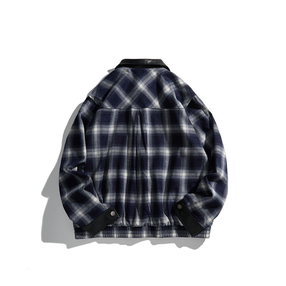 Patchwork Leather Collar Design Loose Plaid Jacket Coat