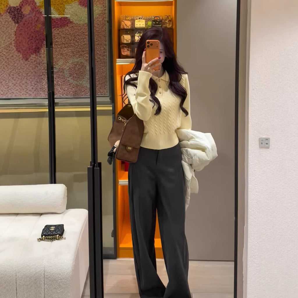 Polo lapel embroidery pullover Fried Dough Twists base sweater women