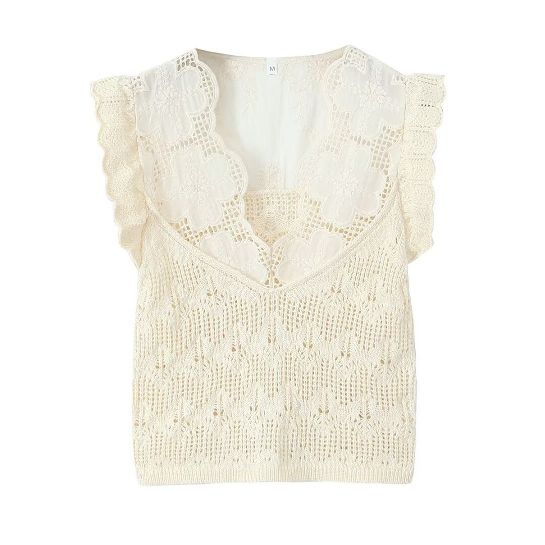 Temperament V-neck Flying Sleeves White Stacked Decorative Knitted Shirt for Women