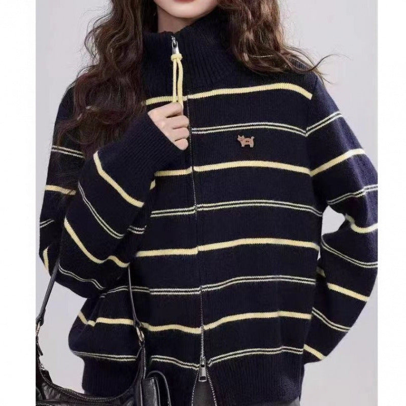 High Neck Striped Knit Cardigan Coat for Women, Loose Casual Long Sleeve Sweater Top