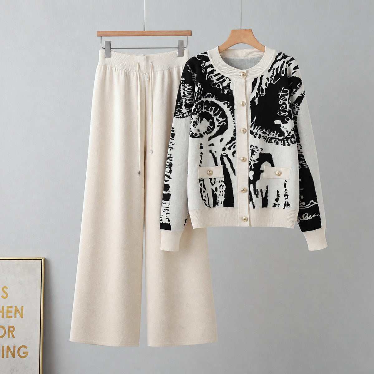 Cardigan single breasted sweater wide leg pants two-piece set