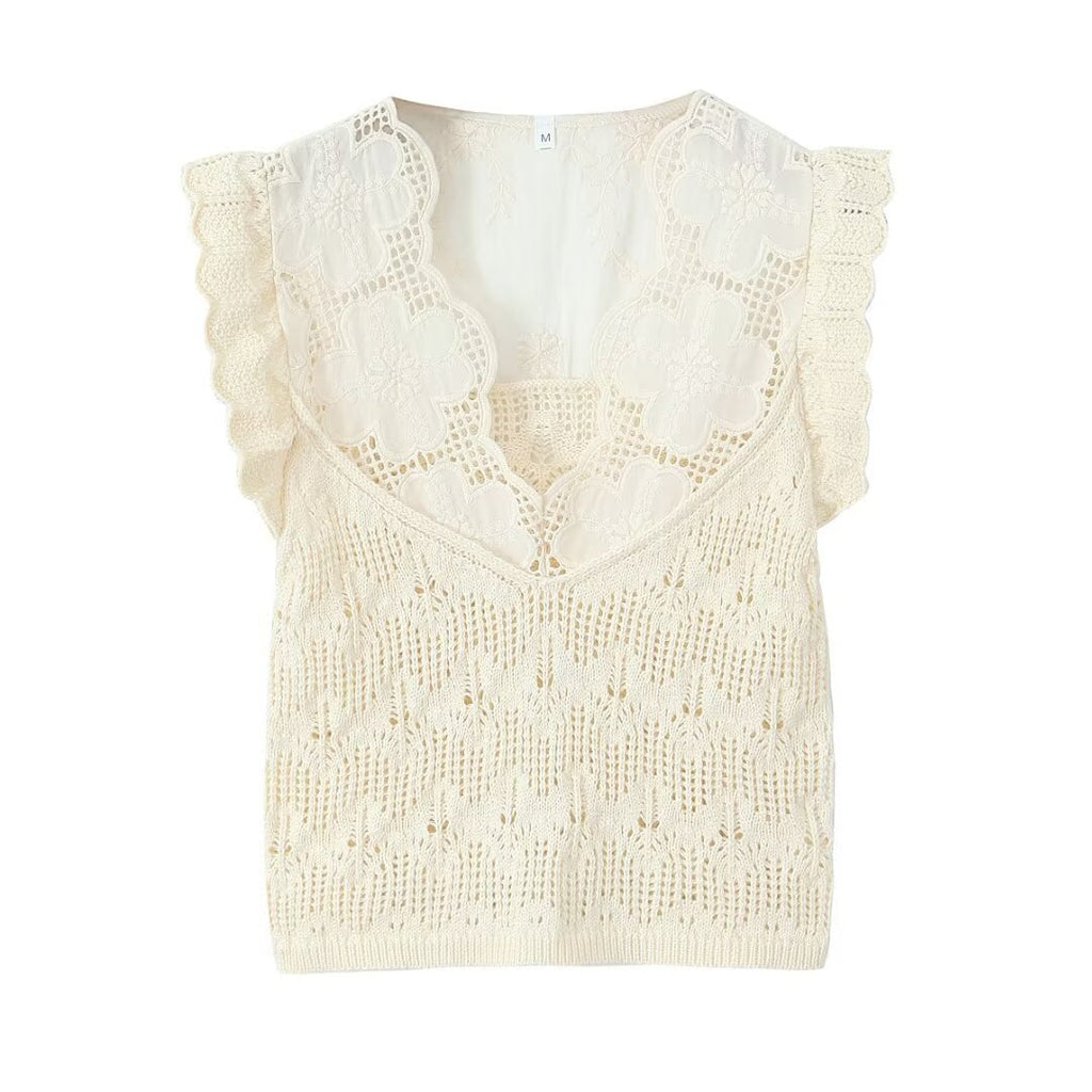 Temperament V-neck Flying Sleeves White Stacked Decorative Knitted Shirt for Women