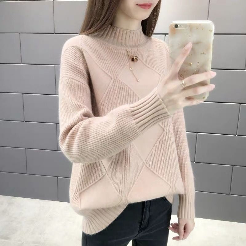 Half high neck loose and versatile knitted sweater for women