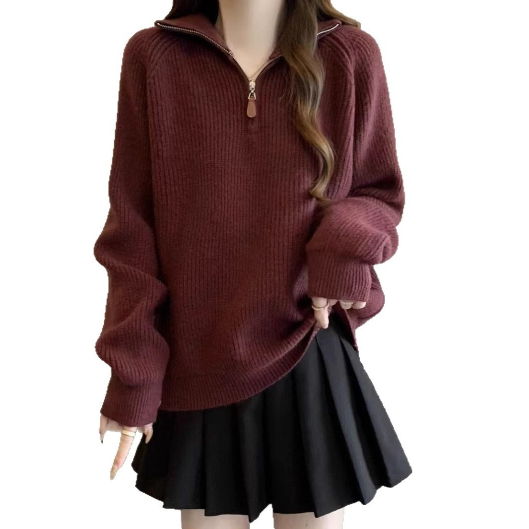 Half zip lapel sweater for women in autumn and winter