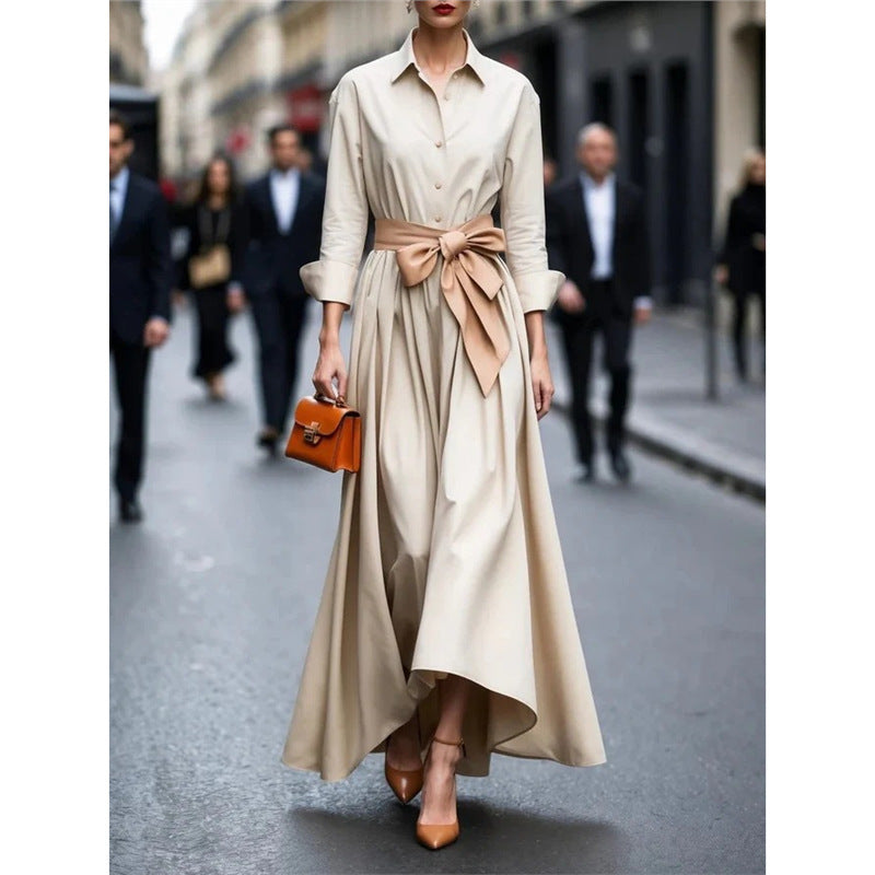 Solid color lace up POLO collar dress jacket long skirt coat