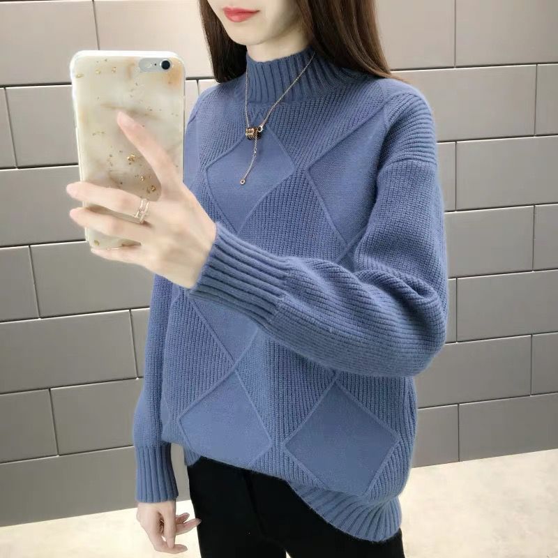 Half high neck loose and versatile knitted sweater for women