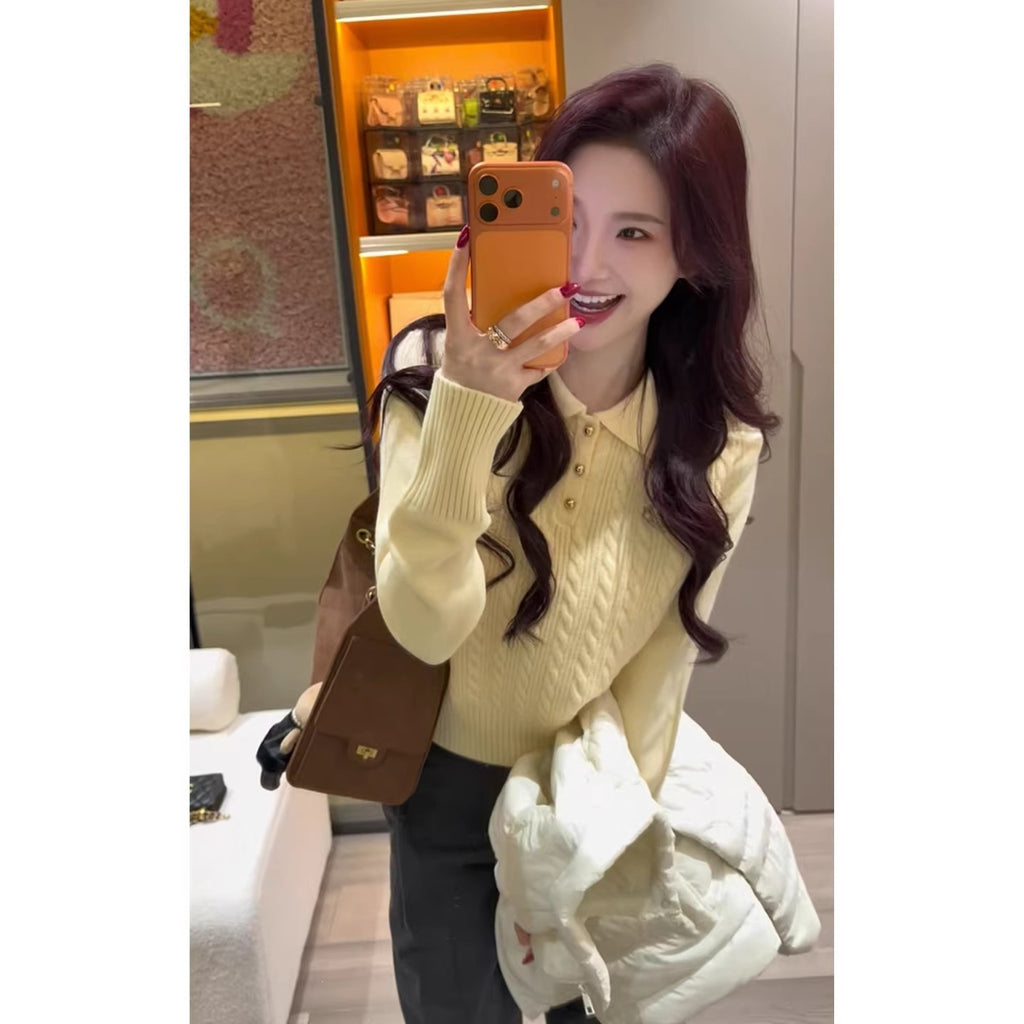 Polo lapel embroidery pullover Fried Dough Twists base sweater women