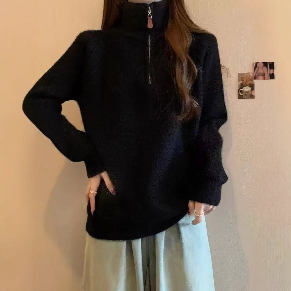 Half zip lapel sweater for women in autumn and winter