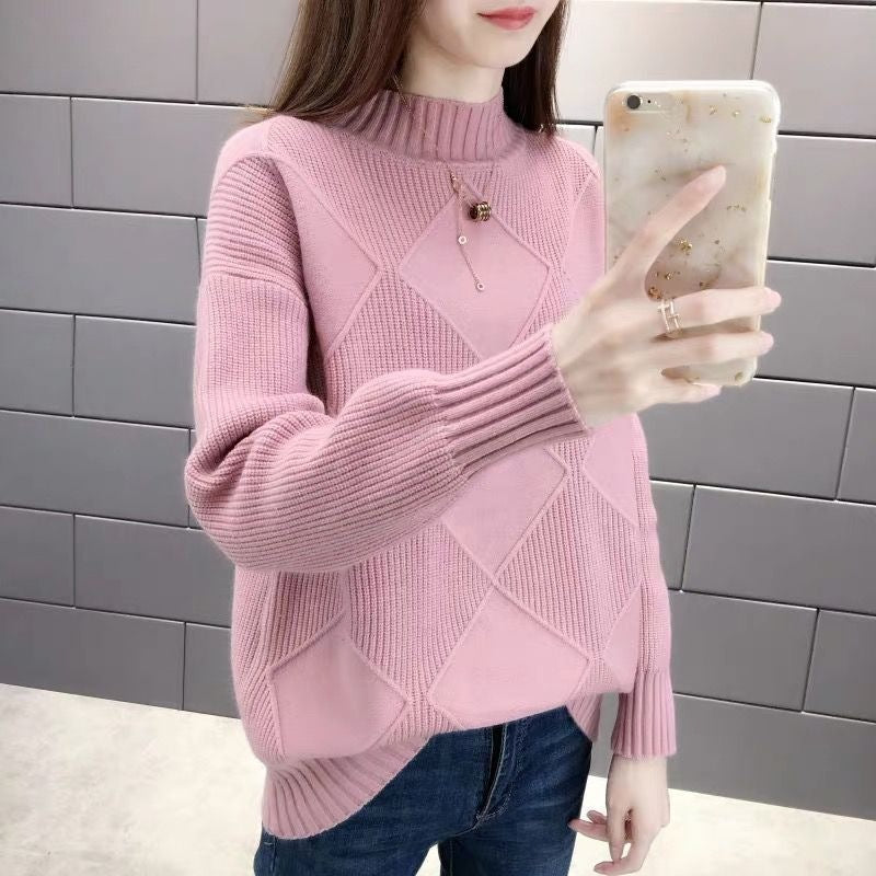 Half high neck loose and versatile knitted sweater for women
