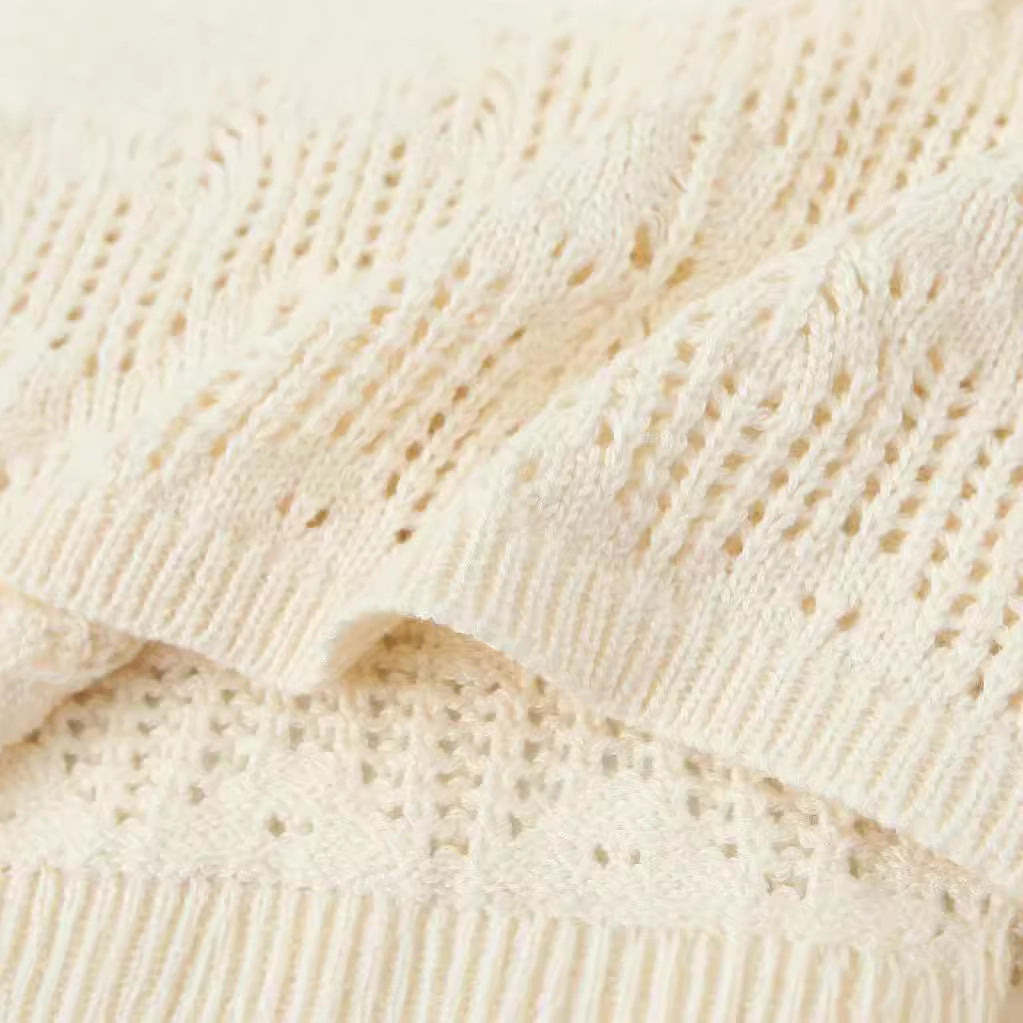Temperament V-neck Flying Sleeves White Stacked Decorative Knitted Shirt for Women