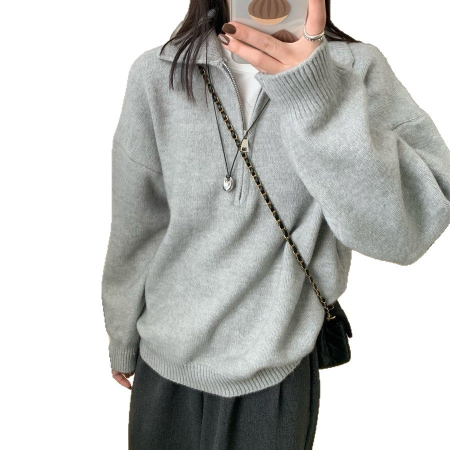 Retro polo collar half zip sweater for women